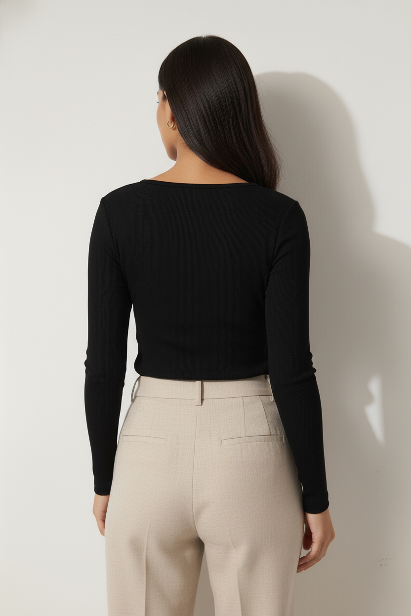 Siyah V Yaka Uzun Kollu Fitilli Kadın Bluz - Görsel 4