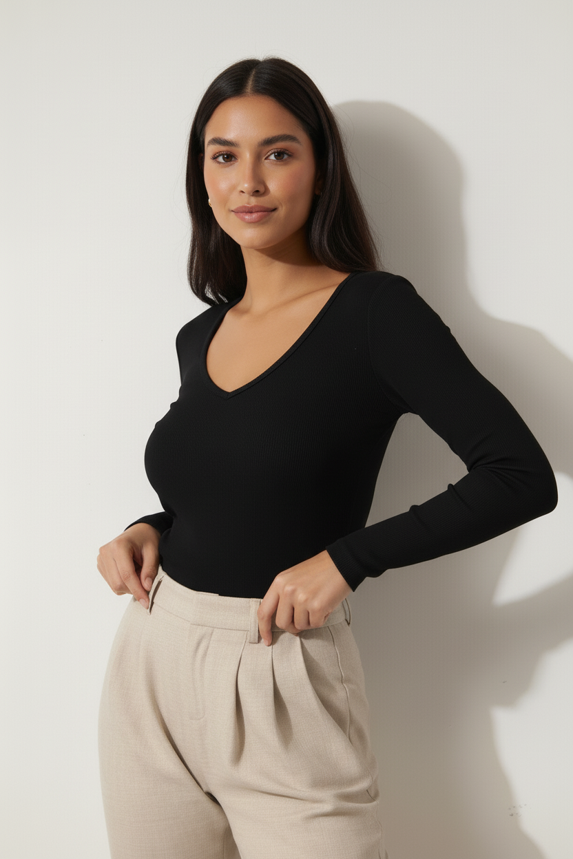 Siyah V Yaka Uzun Kollu Fitilli Kadın Bluz - Görsel 6
