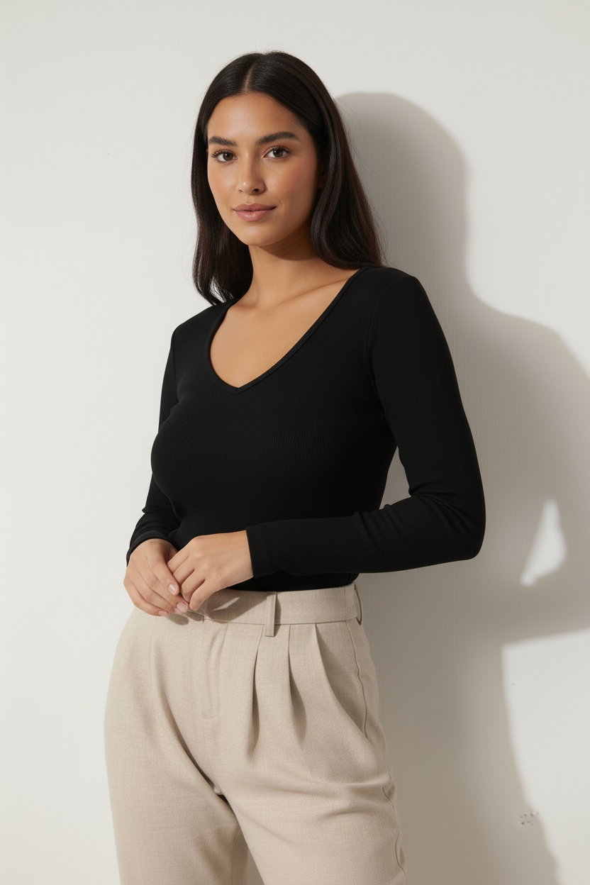 Siyah V Yaka Uzun Kollu Fitilli Kadın Bluz - Görsel 7