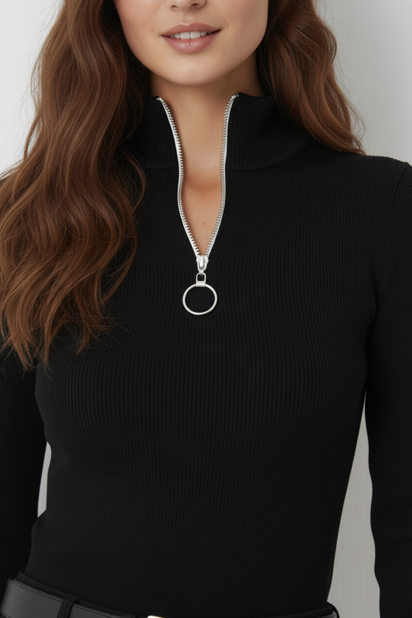 Kaşkorse Fermuarlı Yarım Balıkçı Yaka Bluz - Siyah - Görsel 6