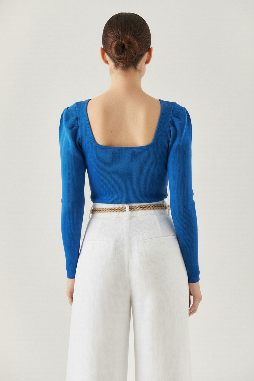 Kare Yaka Prenses Kol Kaşkorse Bluz - Saks Mavi - Görsel 6