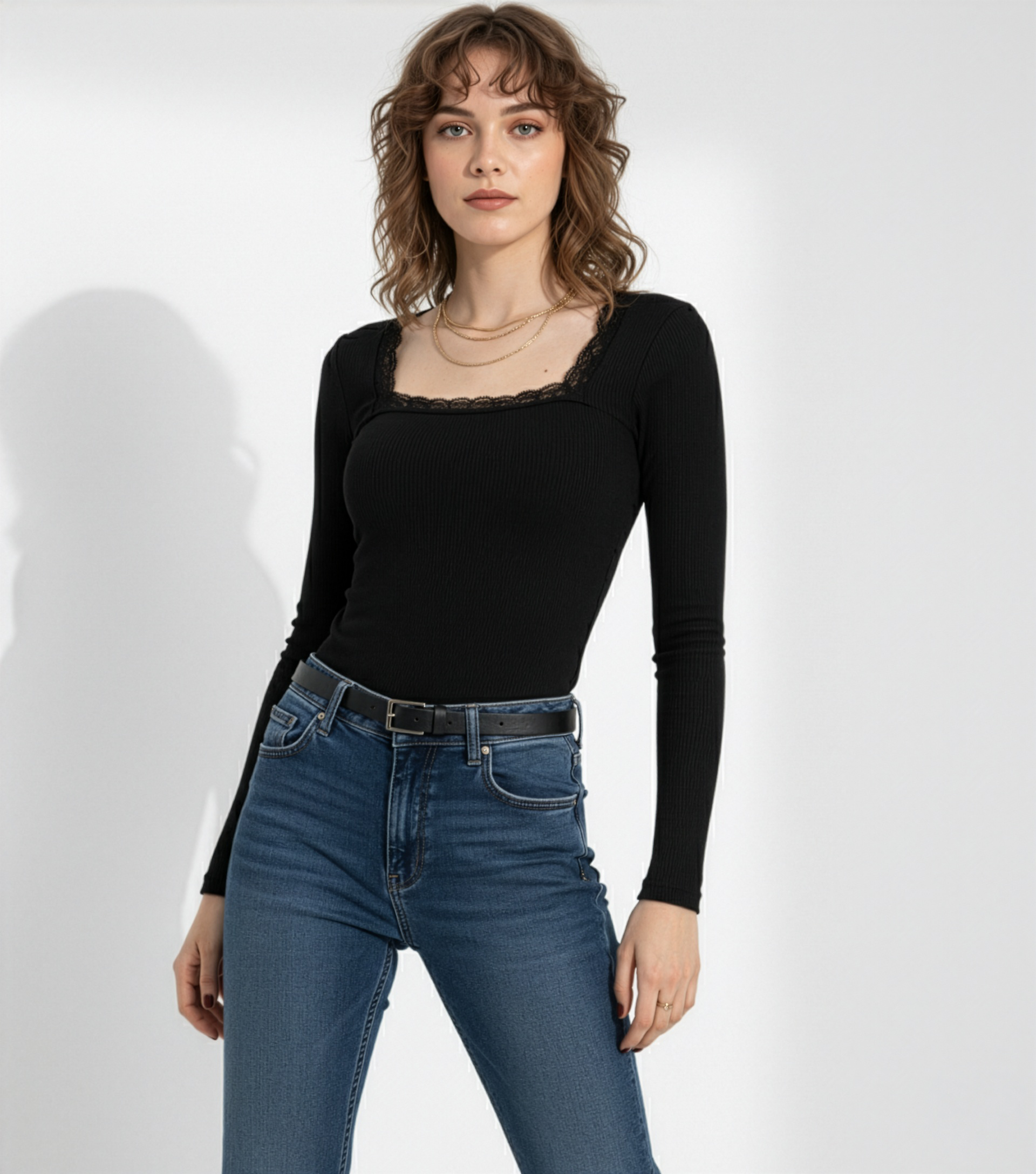 Kare Yaka Dantelli Kaşkorse Bluz - Siyah - Görsel 6