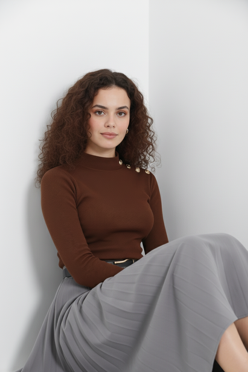 Gold Düğmeli Balıkçı Yaka Fitilli Kaşkorse Bluz - Açık Kahve - Görsel 2