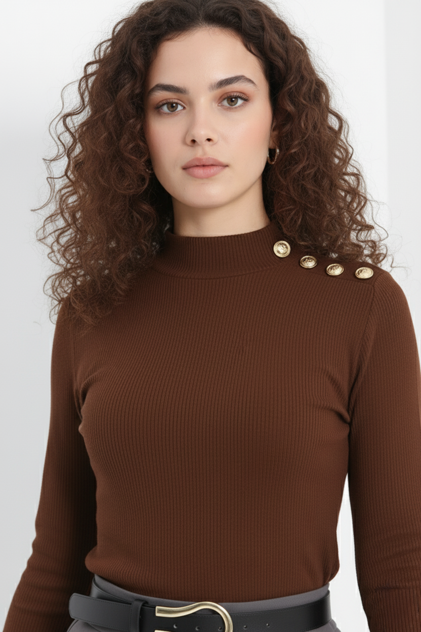 Gold Düğmeli Balıkçı Yaka Fitilli Kaşkorse Bluz - Açık Kahve