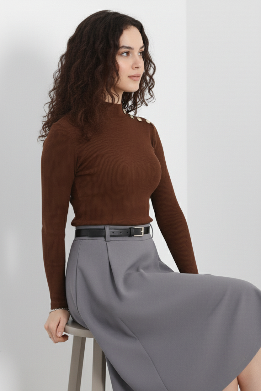 Gold Düğmeli Balıkçı Yaka Fitilli Kaşkorse Bluz - Açık Kahve - Görsel 3