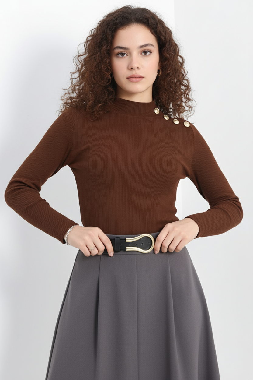 Gold Düğmeli Balıkçı Yaka Fitilli Kaşkorse Bluz - Açık Kahve - Görsel 4