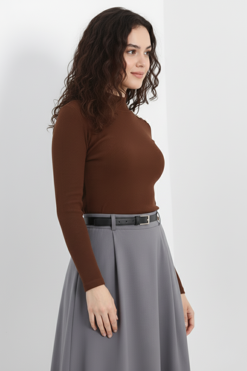 Gold Düğmeli Balıkçı Yaka Fitilli Kaşkorse Bluz - Açık Kahve - Görsel 6