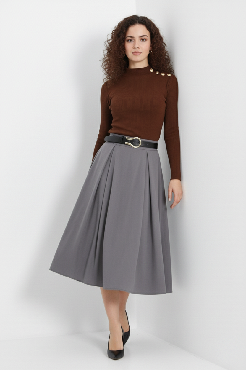 Gold Düğmeli Balıkçı Yaka Fitilli Kaşkorse Bluz - Açık Kahve - Görsel 7