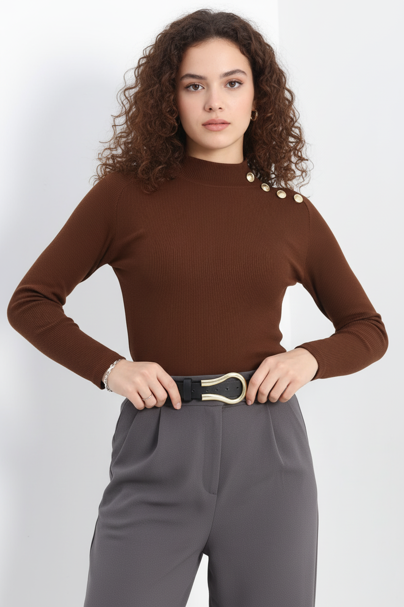 Gold Düğmeli Balıkçı Yaka Fitilli Kaşkorse Bluz - Açık Kahve - Görsel 8