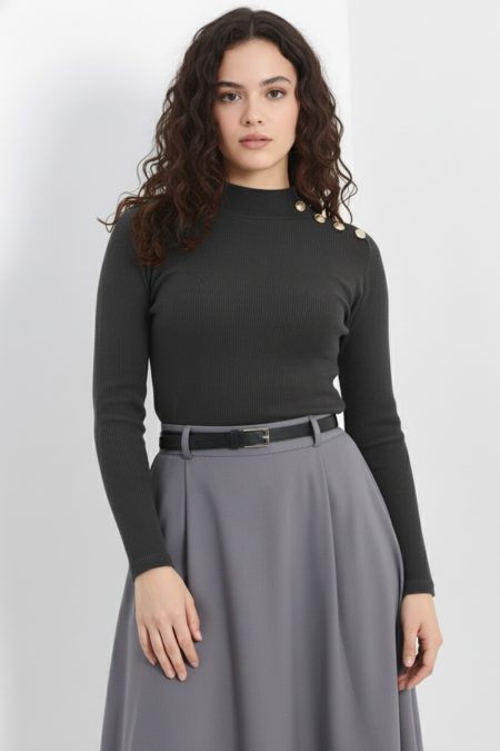 Gold Düğmeli Balıkçı Yaka Fitilli Kaşkorse Bluz - Antrasit