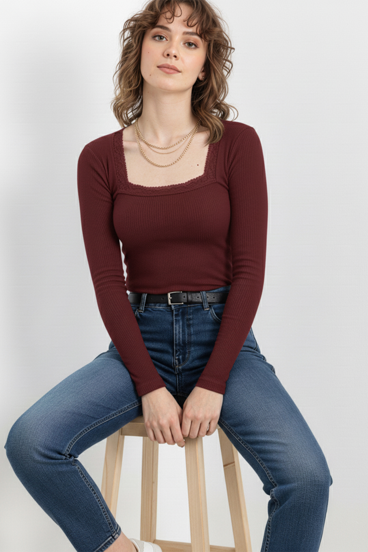 Kare Yaka Dantelli Kaşkorse Bluz - Bordo - Görsel 6