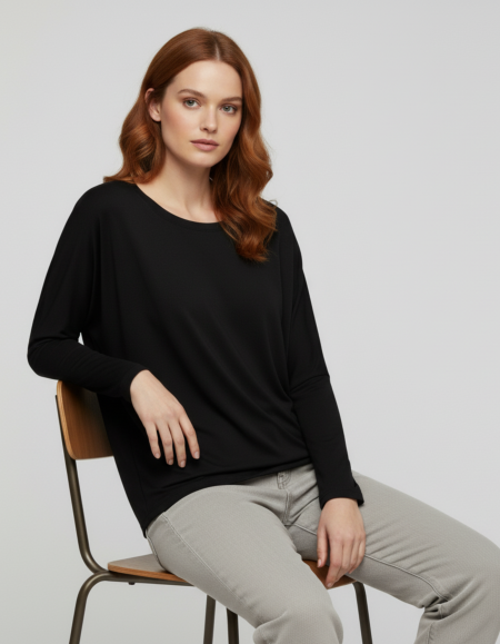 Siyah Basic Uzun Kollu Viskon Kadın Bluz