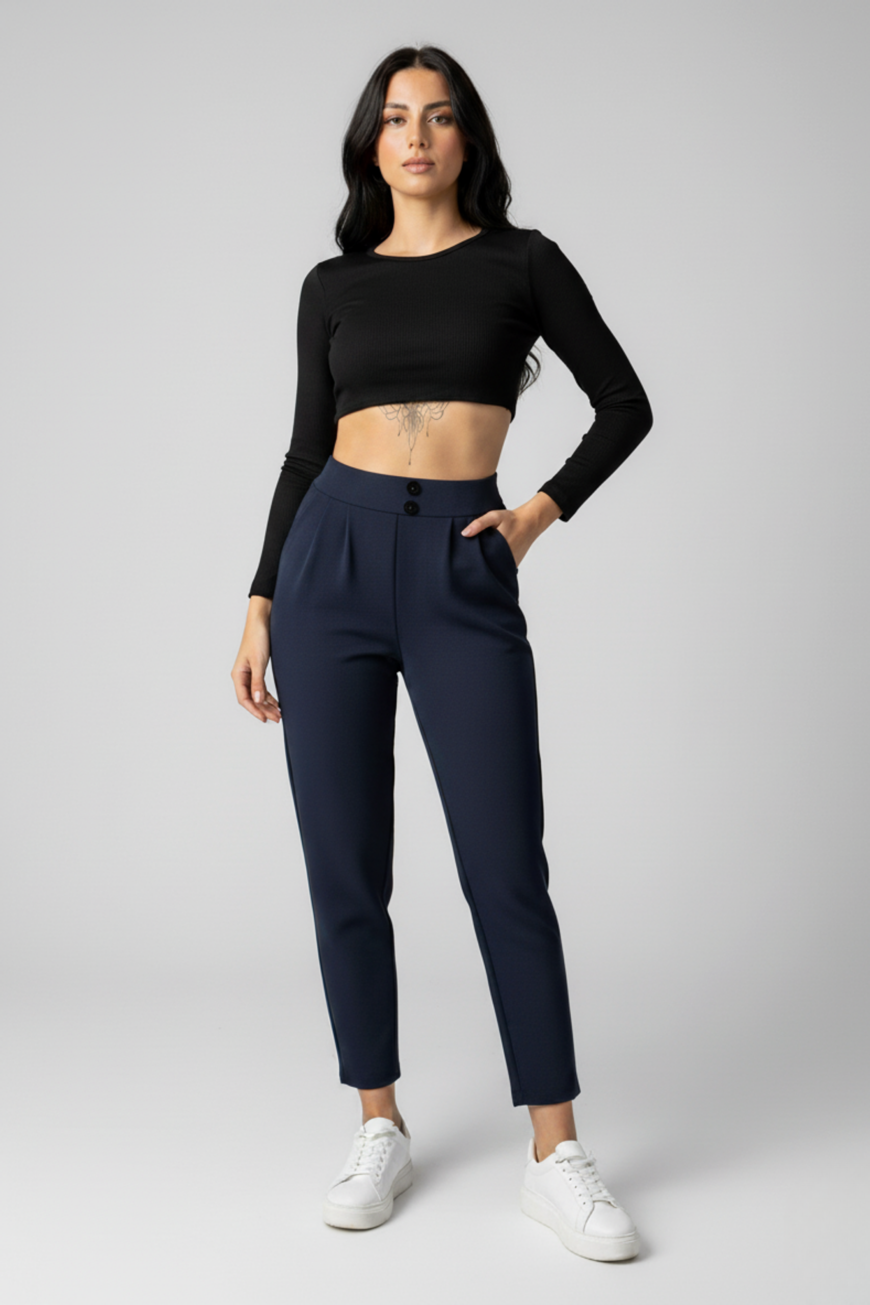 Kadın Yüksek Bel Çift Düğmeli Havuç Model Bilek Boy Krep Pantolon – Lacivert