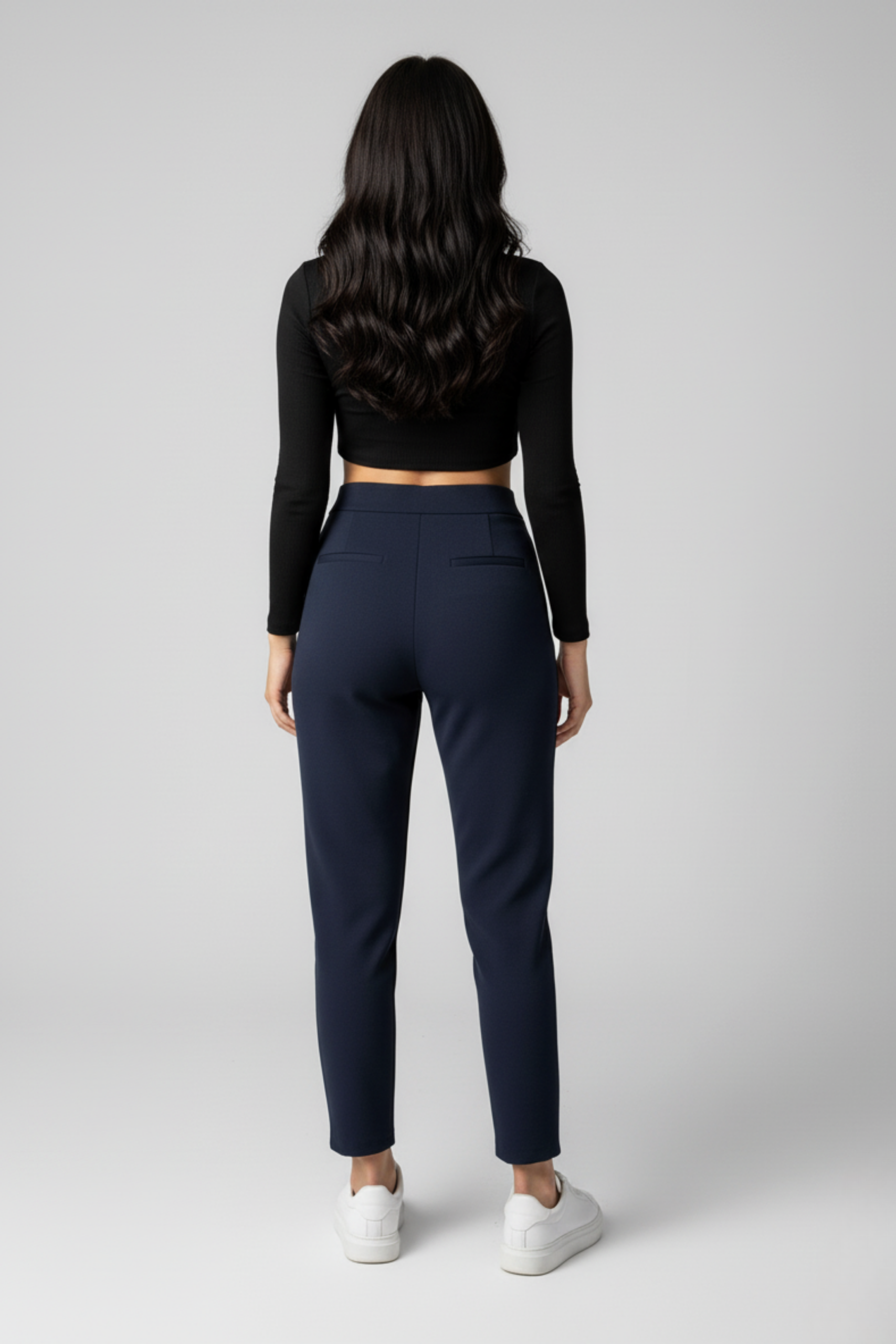 Kadın Yüksek Bel Çift Düğmeli Havuç Model Bilek Boy Krep Pantolon – Lacivert - Görsel 3