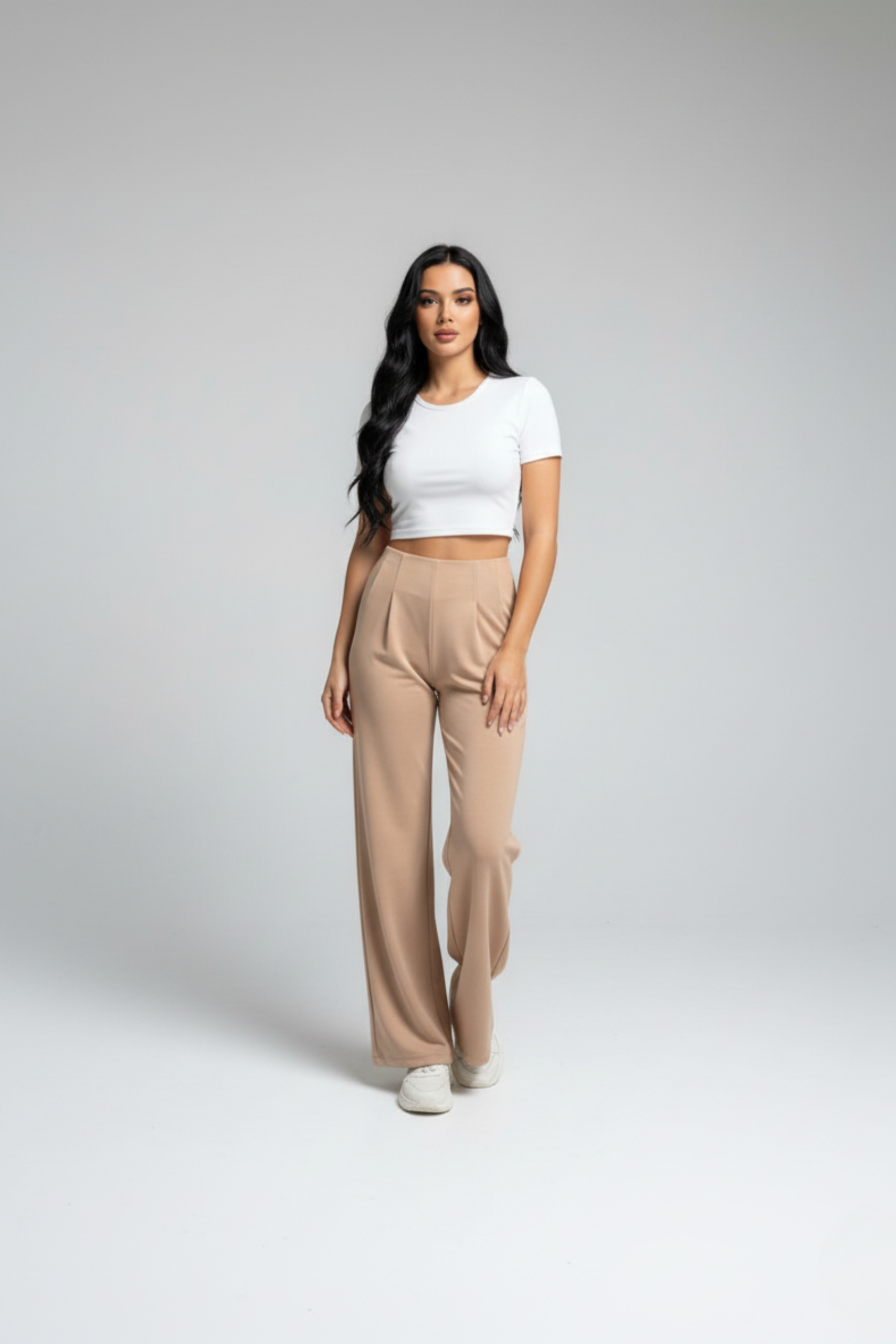 Kadın Yüksek Bel Pensli Bol Paça Krep Palazzo Pantolon – Bej - Görsel 3