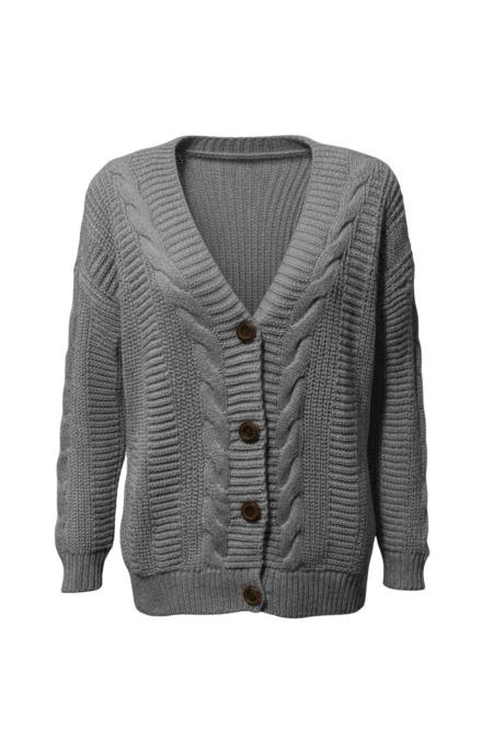 Kadın Gri Düğmeli Kısa Triko Hırka – Burgulu Örgü Desenli