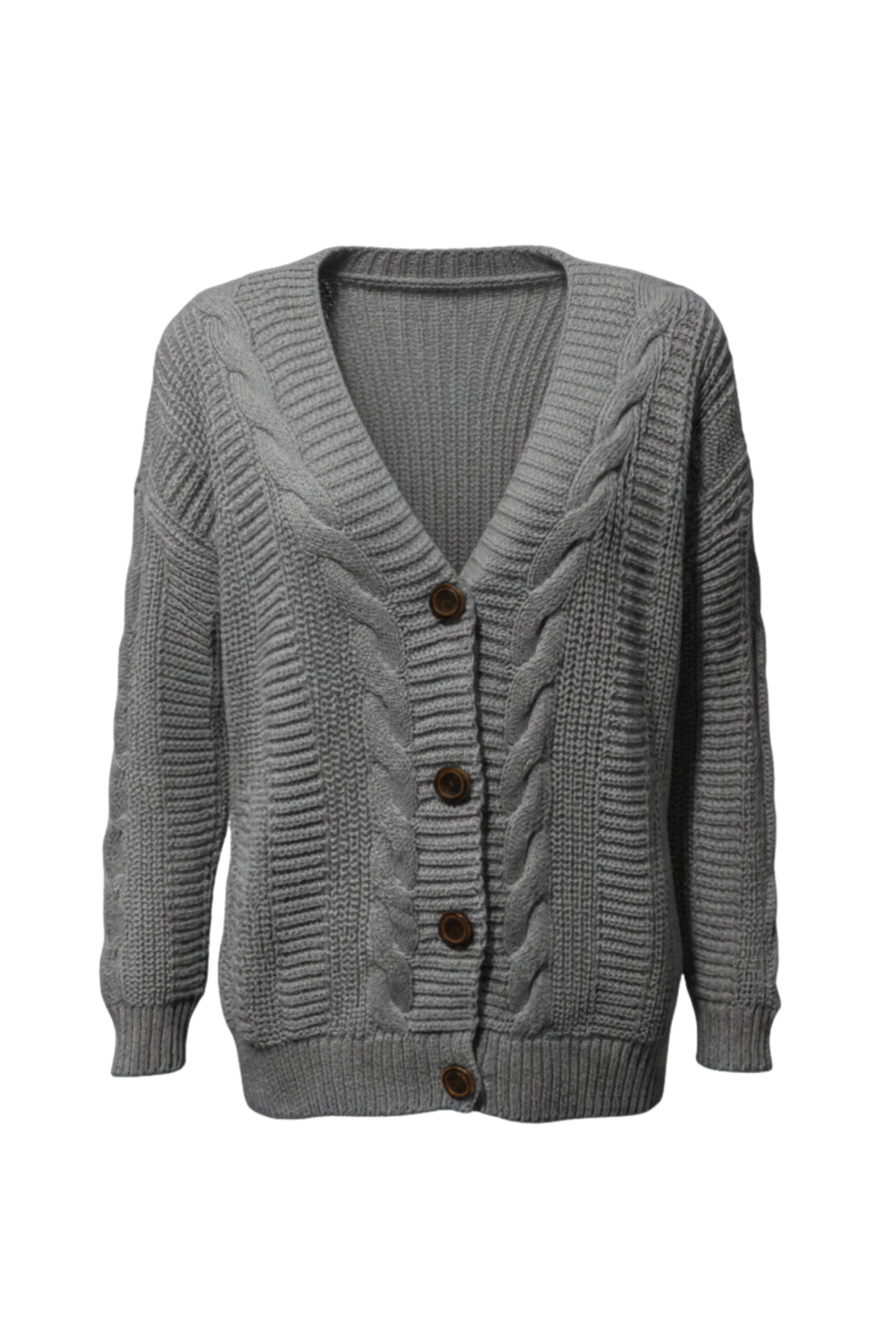 Kadın Gri Düğmeli Kısa Triko Hırka – Burgulu Örgü Desenli