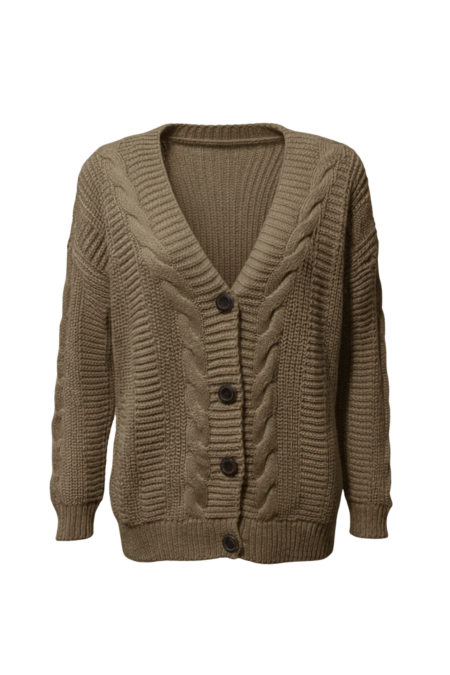 Kadın Kahve Düğmeli Kısa Triko Hırka – Burgulu Örgü Desenli