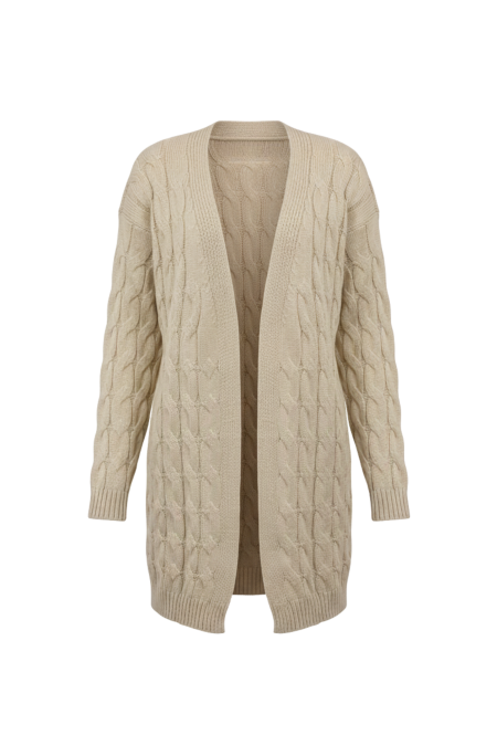 Kadın Bej Uzun Oversize Triko Hırka – Burgulu Örgü Desenli