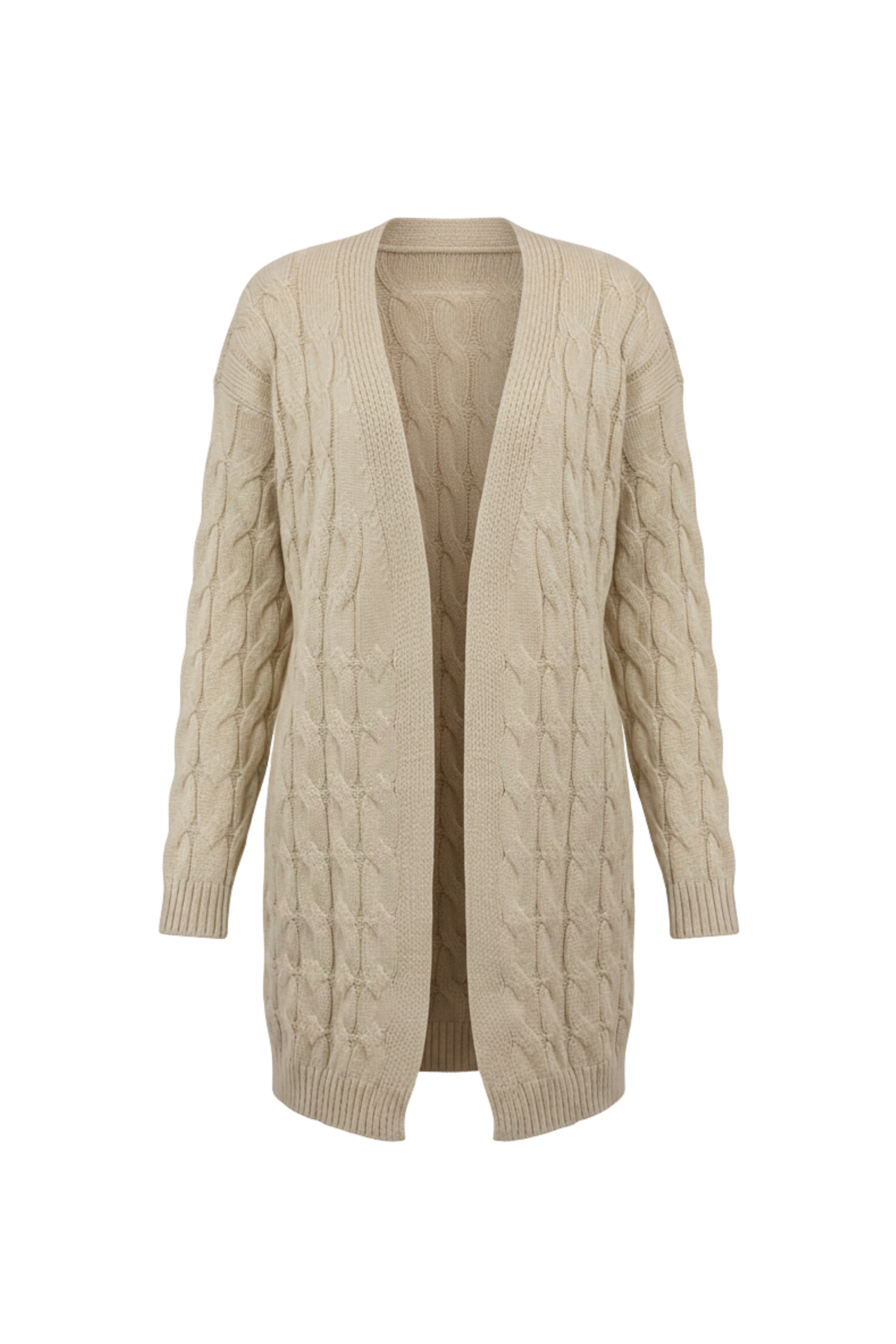 Kadın Bej Uzun Oversize Triko Hırka – Burgulu Örgü Desenli