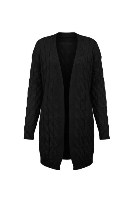 Kadın Siyah Uzun Oversize Triko Hırka – Burgulu Örgü Desenli