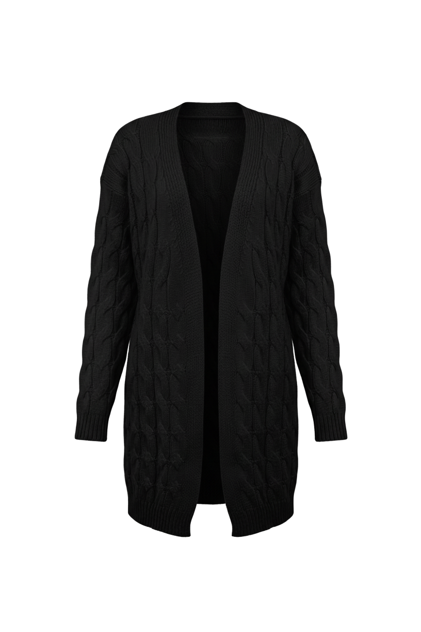 Kadın Siyah Uzun Oversize Triko Hırka – Burgulu Örgü Desenli