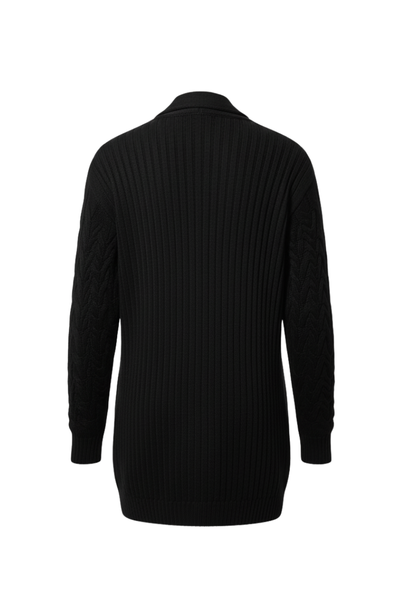 Kadın Siyah Uzun Oversize Triko Hırka – Burgulu Örgü Desenli - Görsel 2