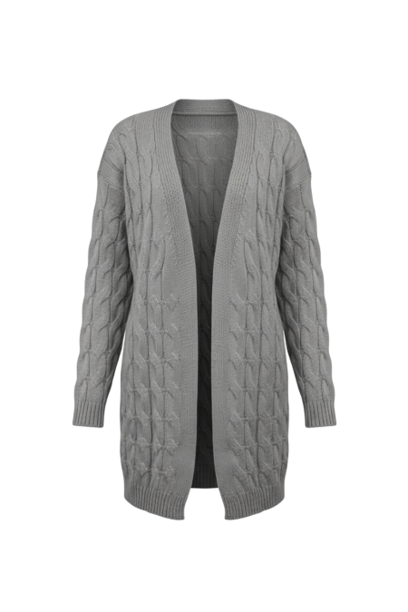 Kadın Gri Uzun Oversize Triko Hırka – Burgulu Örgü Desenli