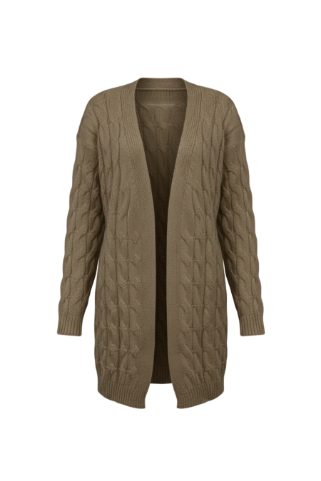 Kadın Kahve Uzun Oversize Triko Hırka – Burgulu Örgü Desenli