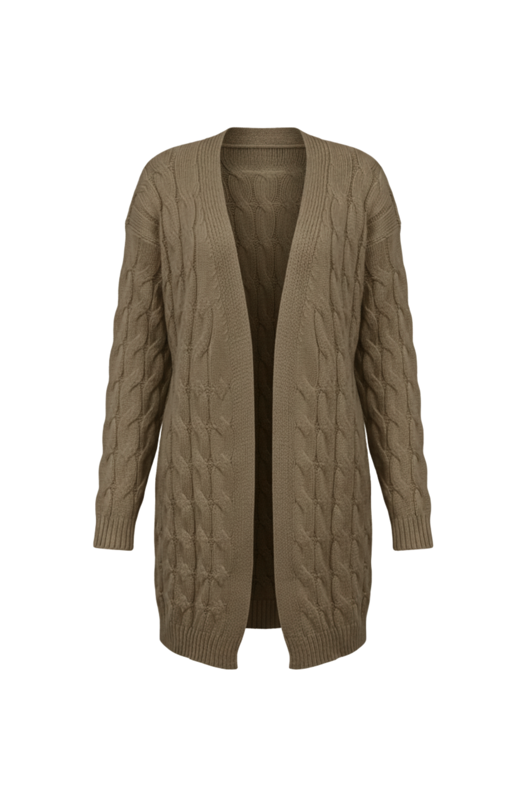 Kadın Kahve Uzun Oversize Triko Hırka – Burgulu Örgü Desenli