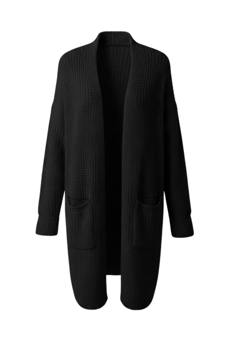 Kadın Siyah Uzun Oversize Örgü Hırka – Cepli Kalın Triko