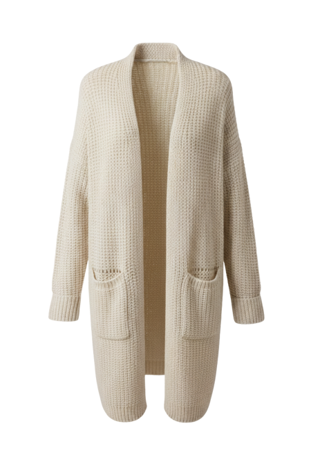 Kadın Krem Uzun Oversize Örgü Hırka – Cepli Kalın Triko