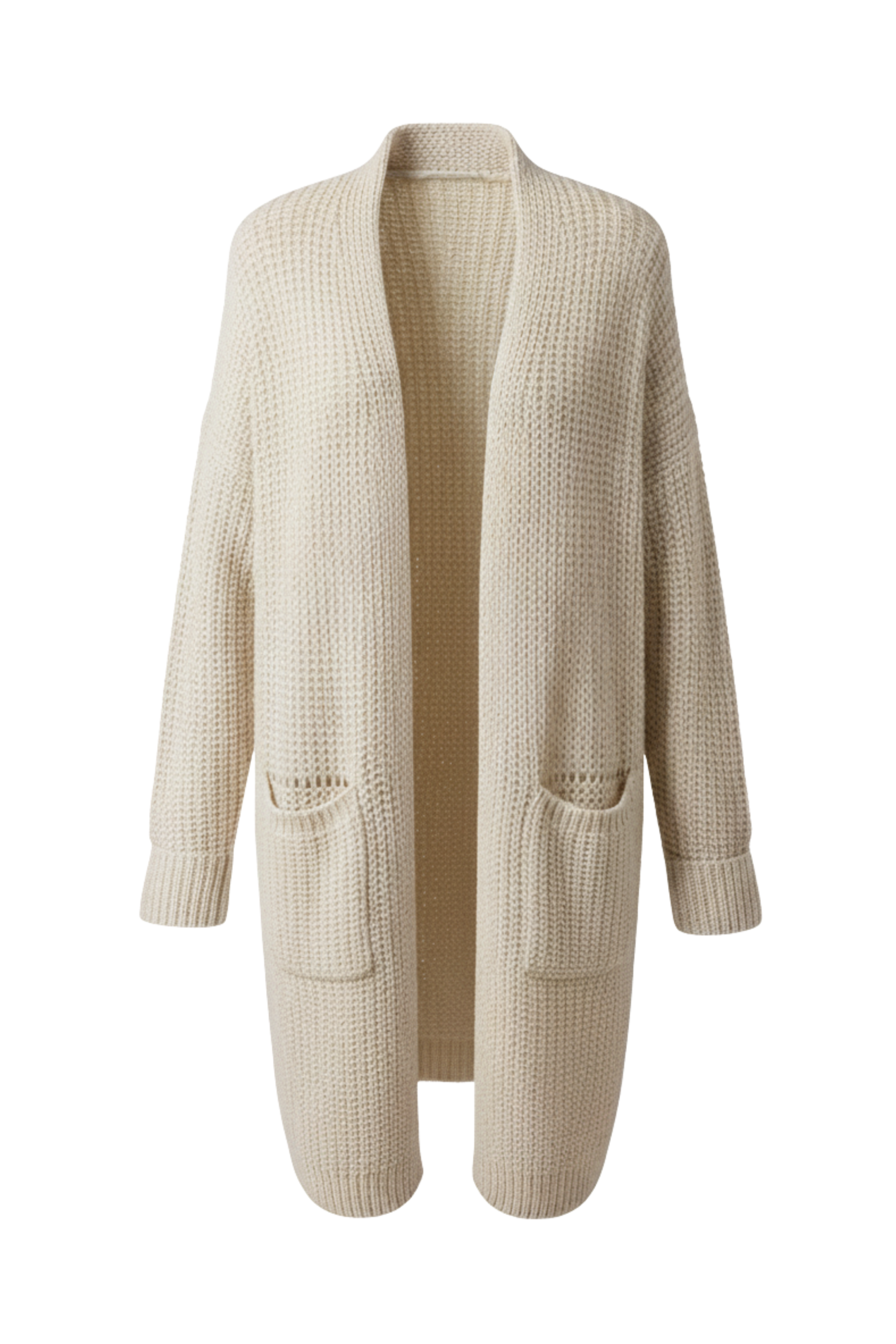 Kadın Krem Uzun Oversize Örgü Hırka – Cepli Kalın Triko