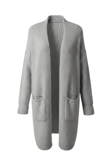 Kadın Gri Uzun Oversize Örgü Hırka – Cepli Kalın Triko