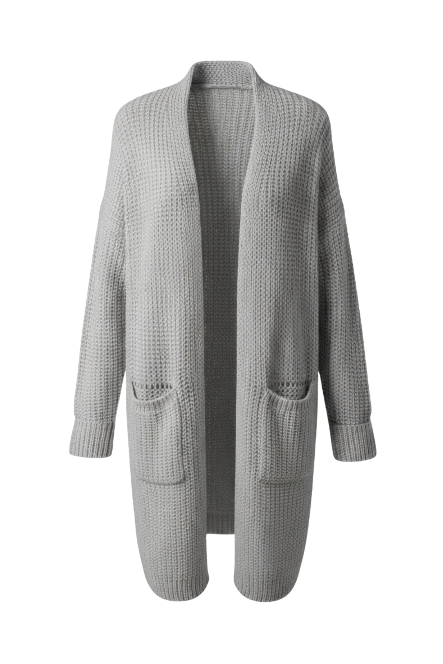 Kadın Gri Uzun Oversize Örgü Hırka – Cepli Kalın Triko