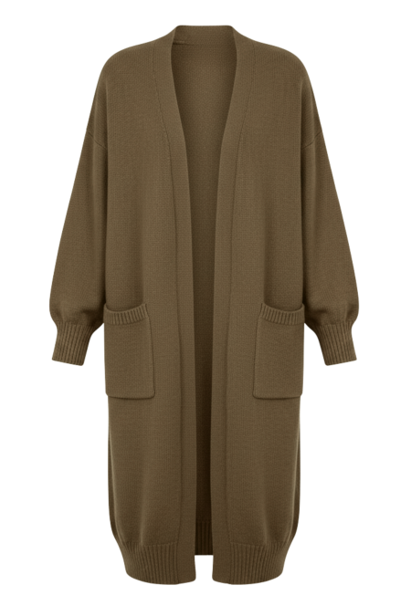 Kadın Kahverengi Uzun Oversize Örgü Hırka – Cepli Kalın Triko