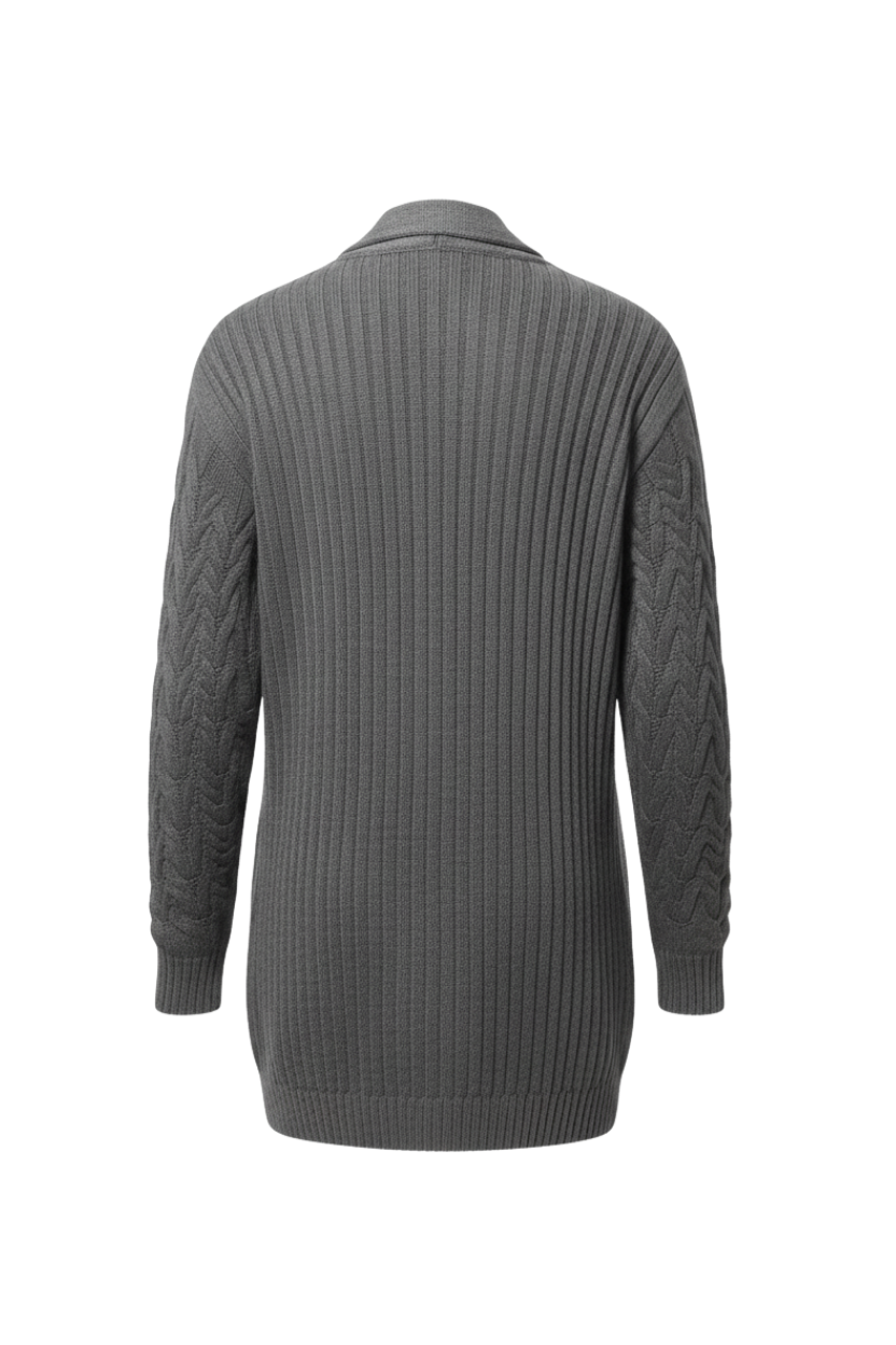 Kadın Gri Uzun Oversize Örgü Hırka – Chevron Desenli Triko - Görsel 2