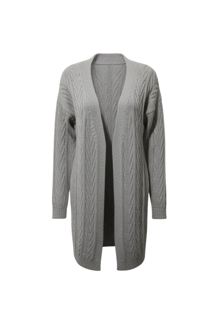 Kadın Gri Uzun Oversize Örgü Hırka – Chevron Desenli Triko