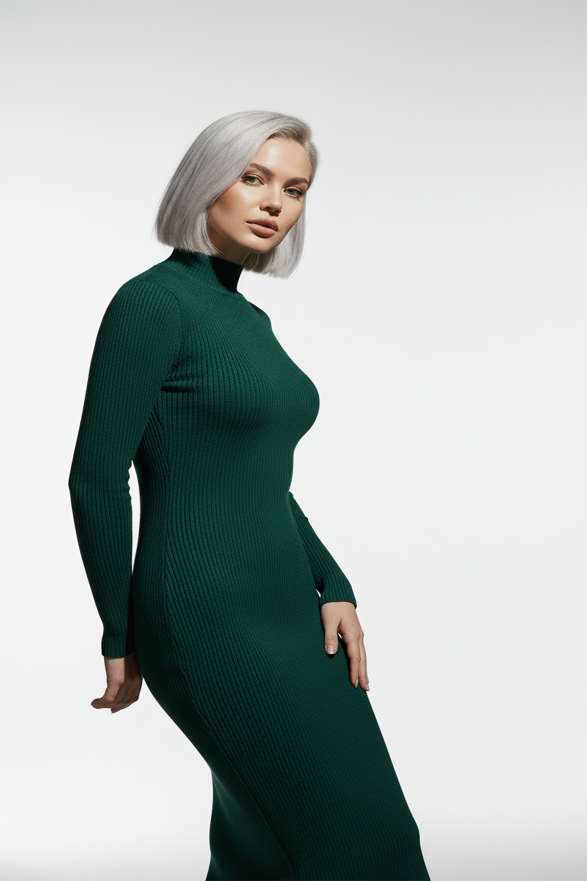 Kadın Balıkçı Yaka Yeşil Uzun Elbise - Görsel 4