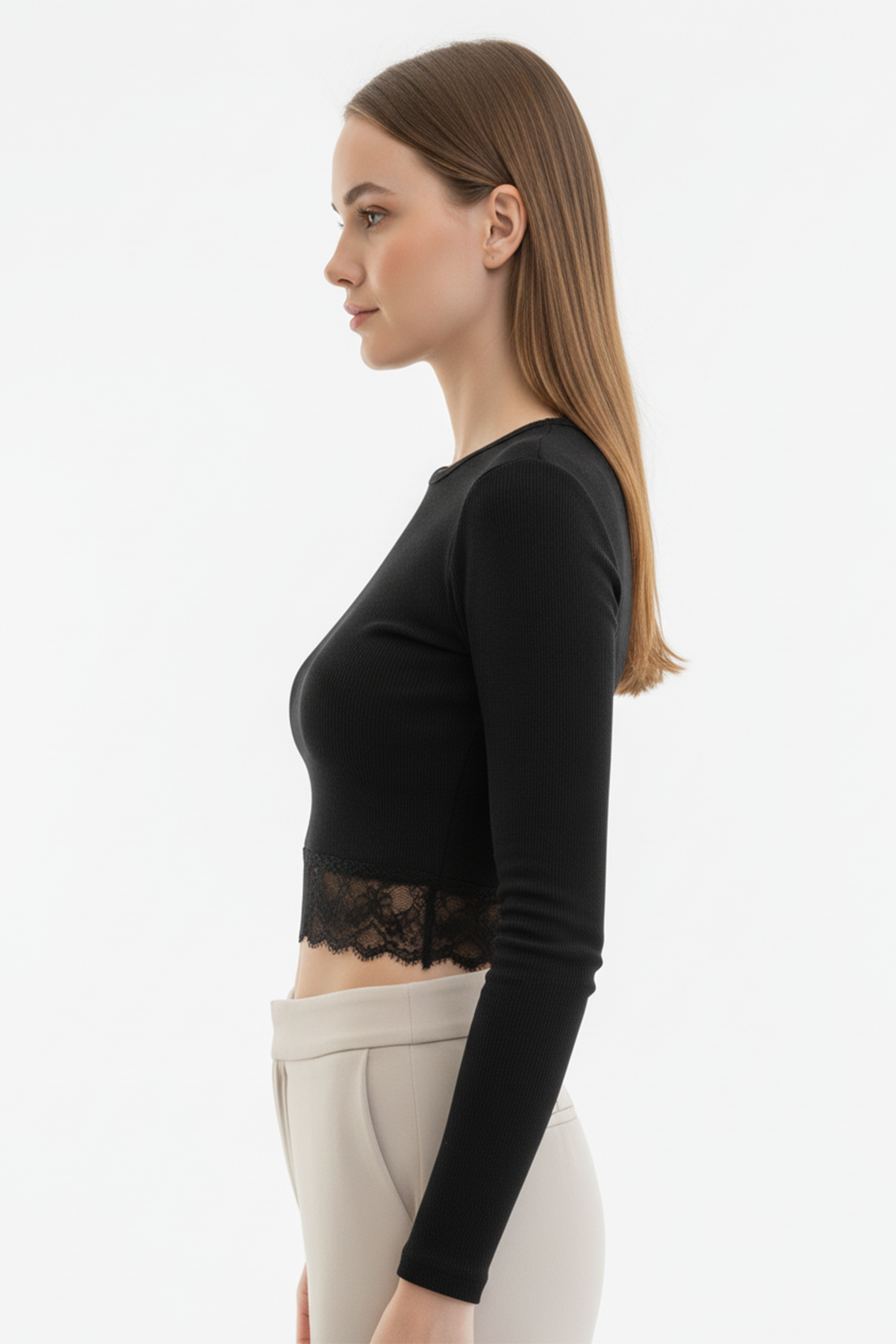 Kaşkorse Dantelli Crop Bluz - Siyah - Görsel 5