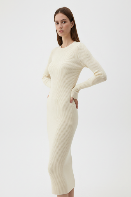 Kadın Bisiklet Yaka Uzun Elbise - Bej