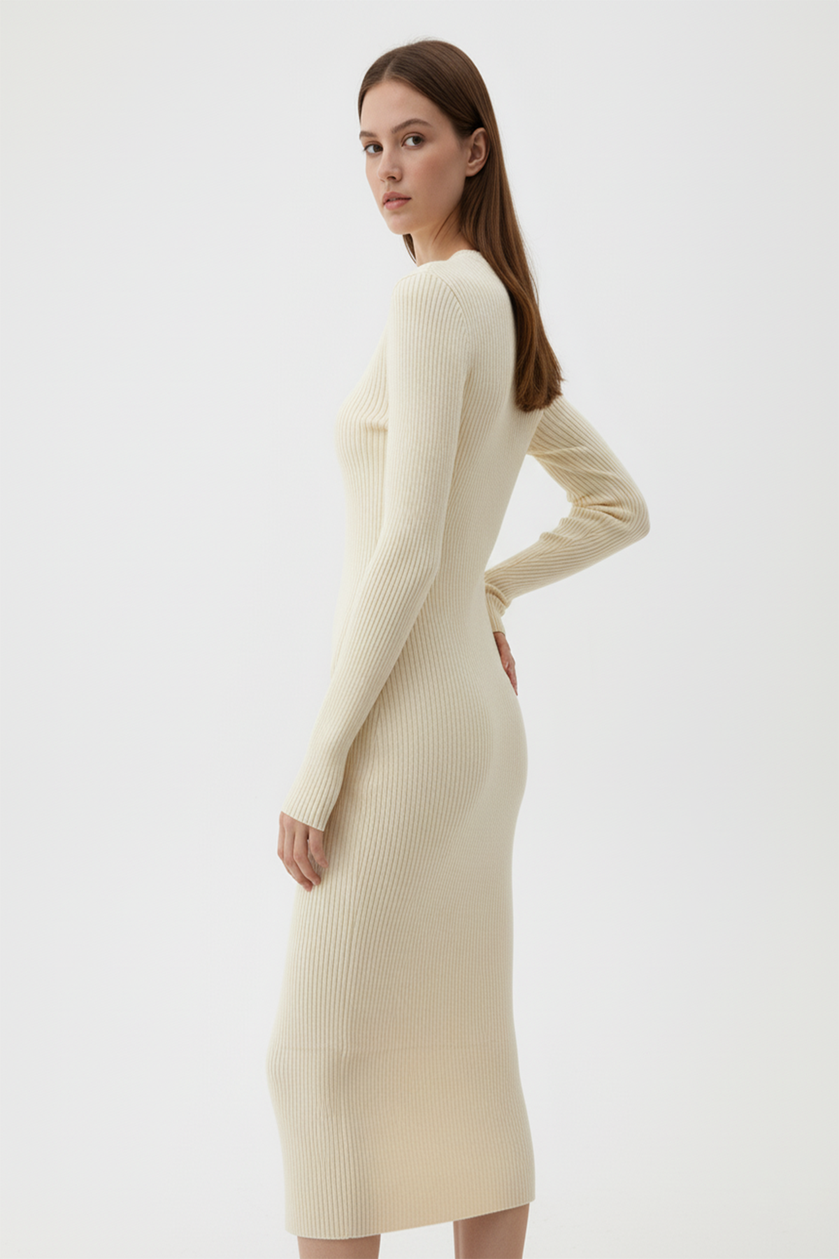 Kadın Bisiklet Yaka Uzun Elbise - Bej - Görsel 4