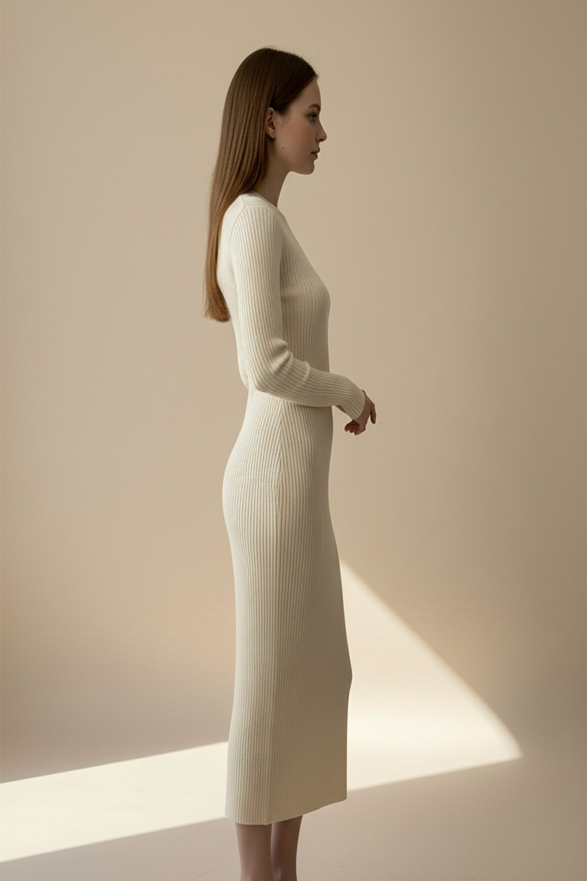 Kadın Bisiklet Yaka Uzun Elbise - Bej - Görsel 6