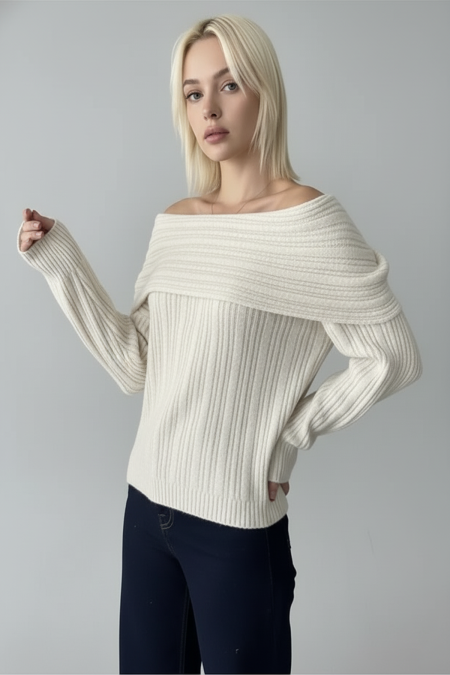 Fitilli Krem Rengi Madonna Yaka Kazak