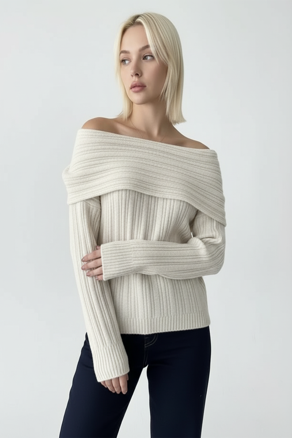 Fitilli Krem Rengi Madonna Yaka Kazak - Görsel 2