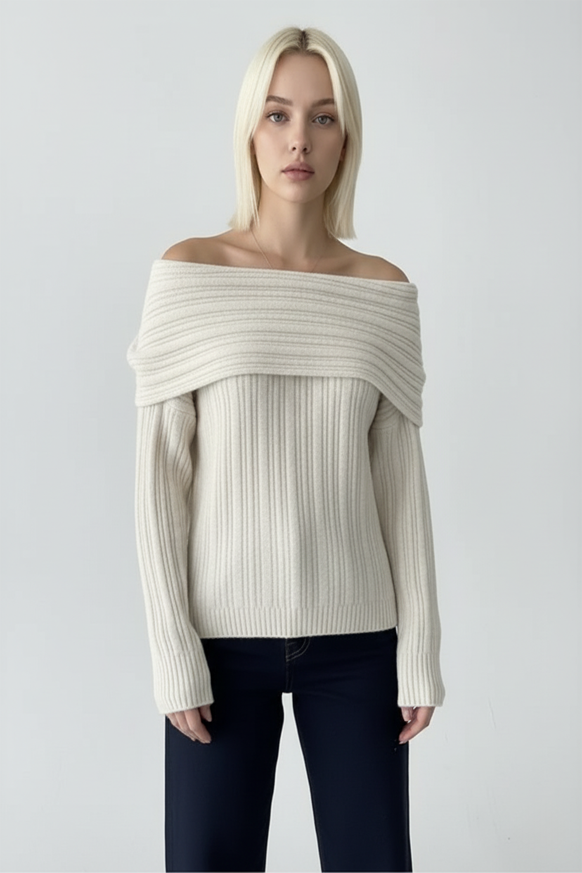 Fitilli Krem Rengi Madonna Yaka Kazak - Görsel 3