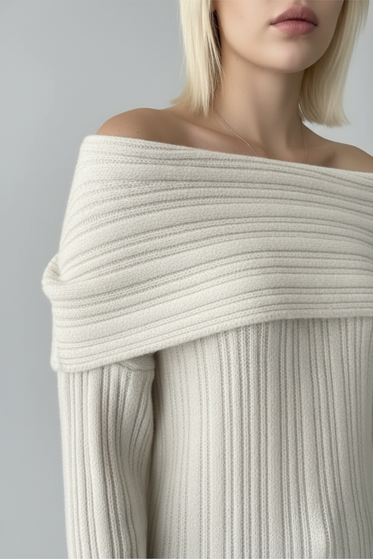 Fitilli Krem Rengi Madonna Yaka Kazak - Görsel 6