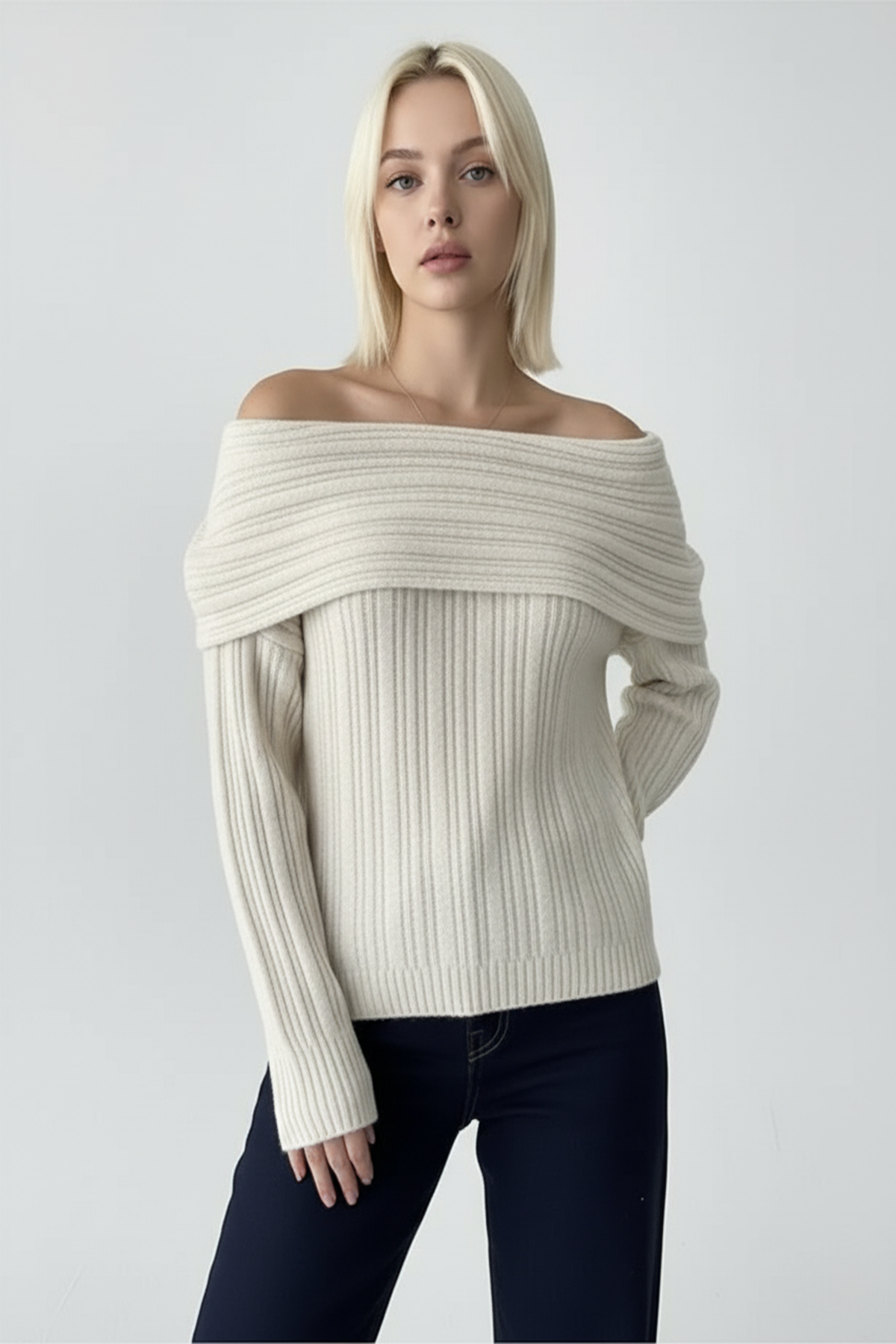 Fitilli Krem Rengi Madonna Yaka Kazak - Görsel 7