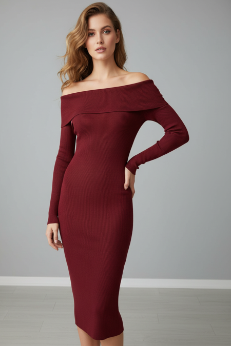 Kadın Kırmızı Madonna Yaka Uzun Elbise