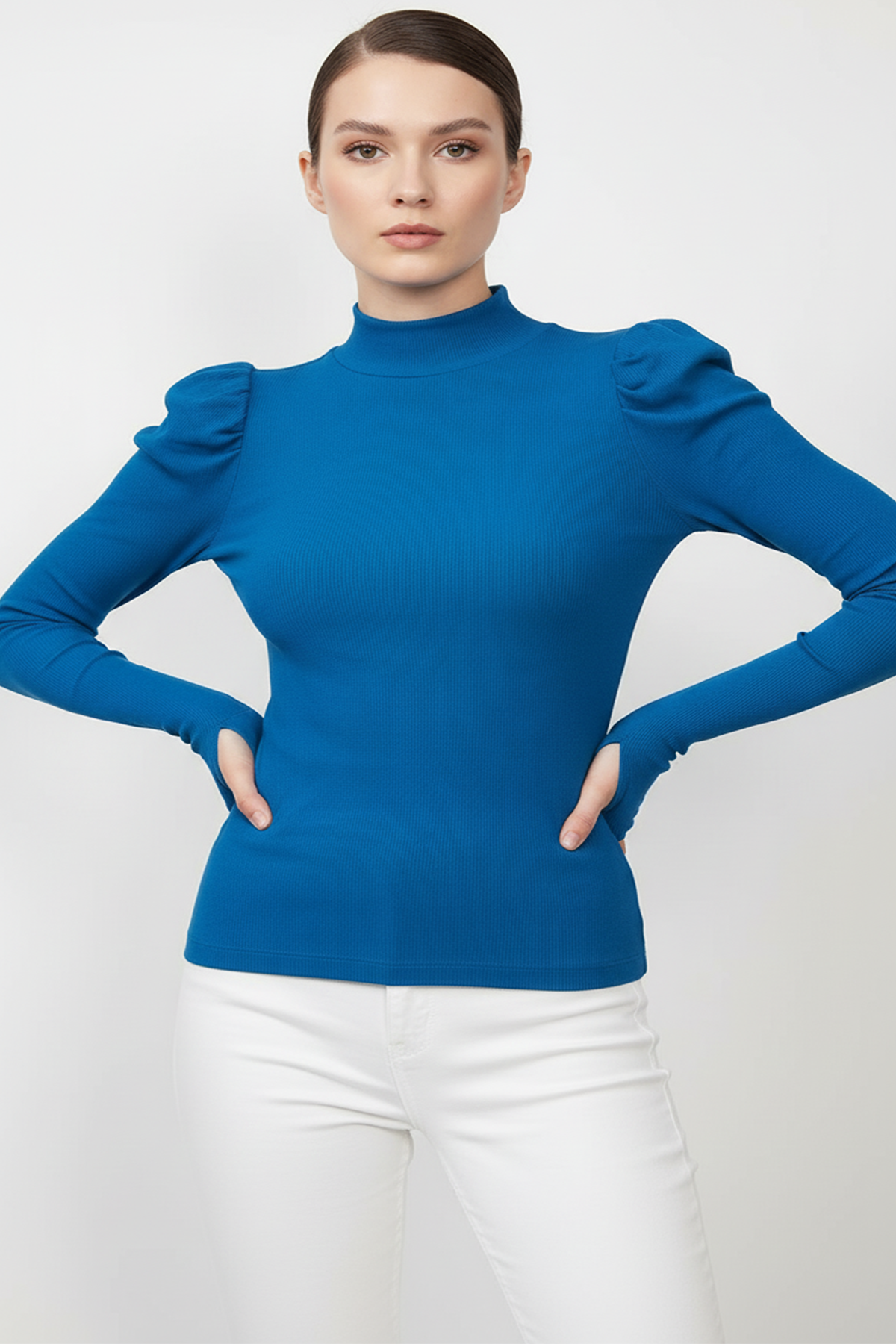 Balıkçı Yaka Parmak Geçmeli Kaşkorse Prenses Kol Bluz - Saks Mavi - Görsel 4
